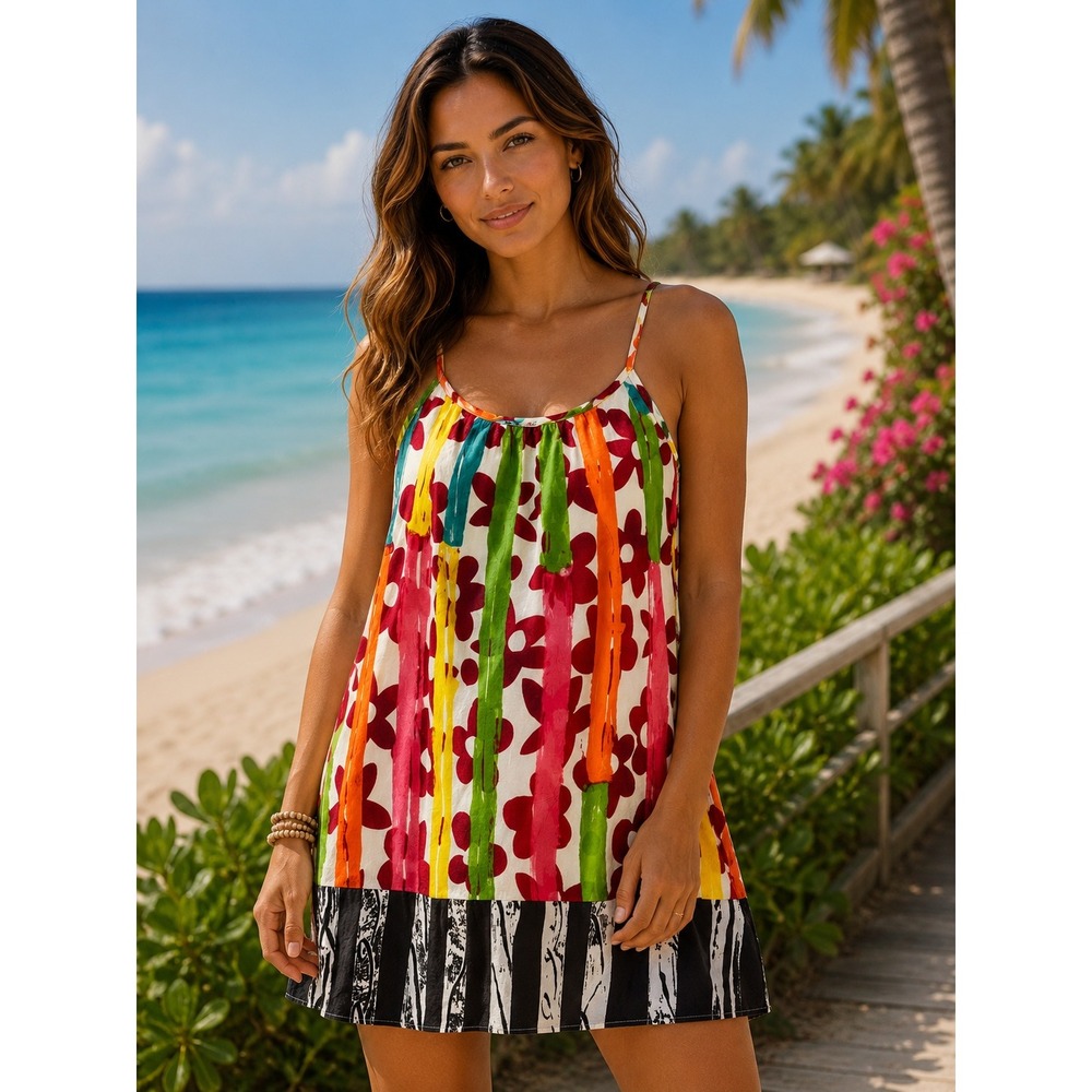 Jams World Lil People Abstract Floral Stripe Mini Dress Multi Color Womens M